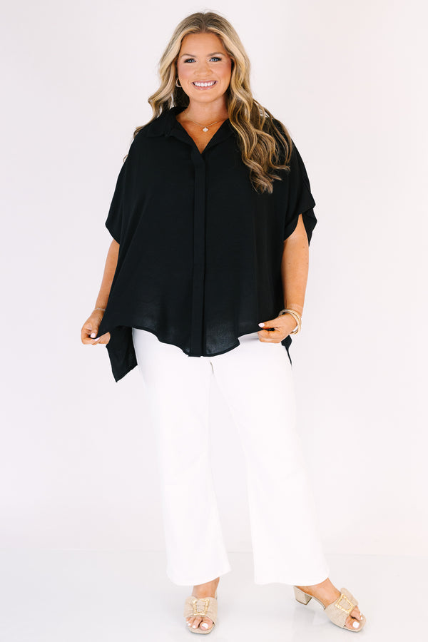 Chic Soul plus size clothing, black button up short sleeve collared top