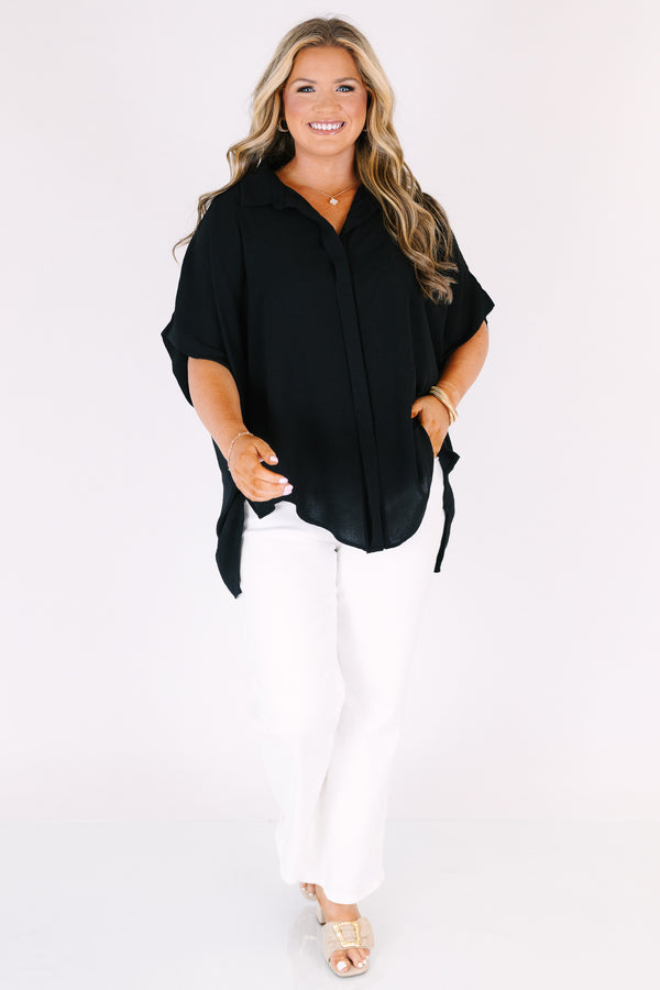 Chic Soul plus size clothing, black button up short sleeve collared top