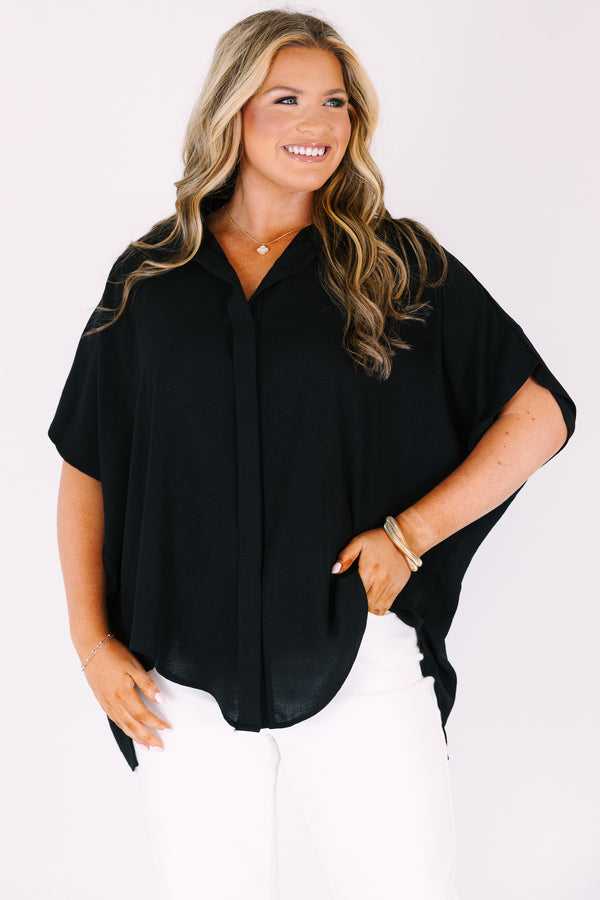 Chic Soul plus size clothing, black button up short sleeve collared top