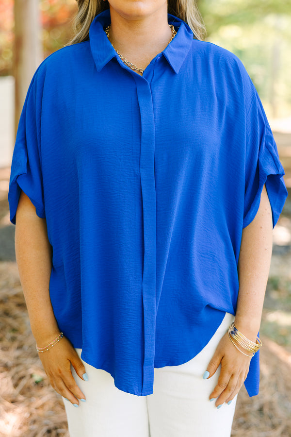 Chic Soul plus size clothing, royal blue button up short sleeve collared top
