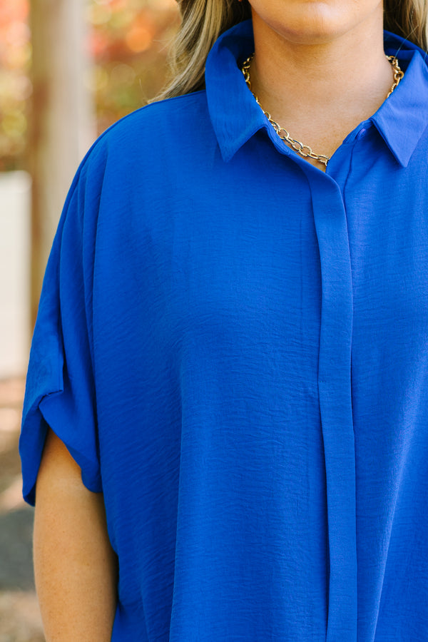 Chic Soul plus size clothing, royal blue button up short sleeve collared top
