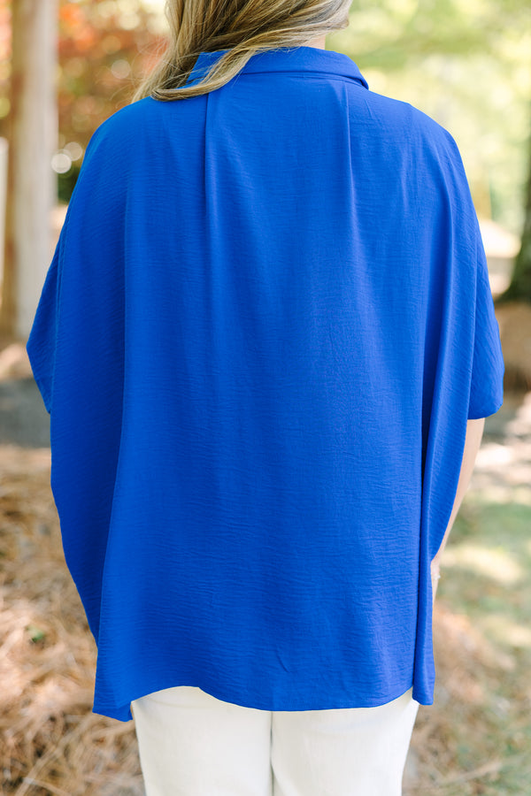 Chic Soul plus size clothing, royal blue button up short sleeve collared top
