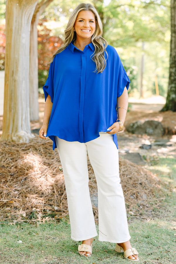 Chic Soul plus size clothing, royal blue button up short sleeve collared top
