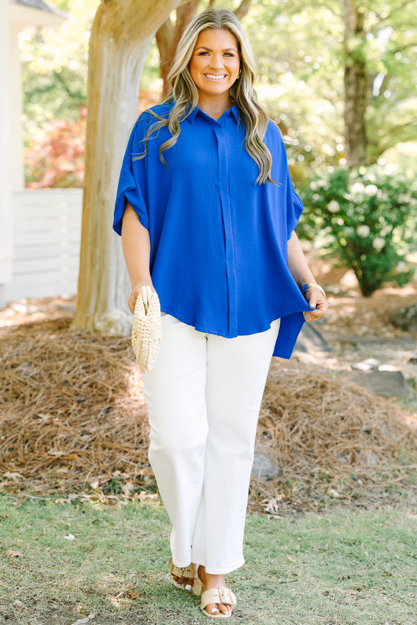 Chic Soul plus size clothing, royal blue button up short sleeve collared top

