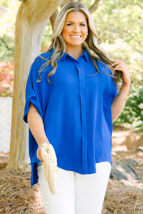 Chic Soul plus size clothing, royal blue button up short sleeve collared top
