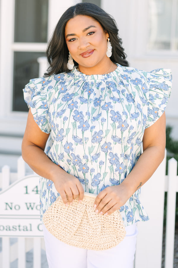Chic Soul plus size clothing, light blue floral print short puff sleeve  top