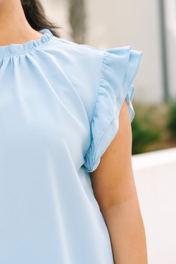Chic Soul plus size clothing, light blue ruffle sleeve top with high neck ruffle collar