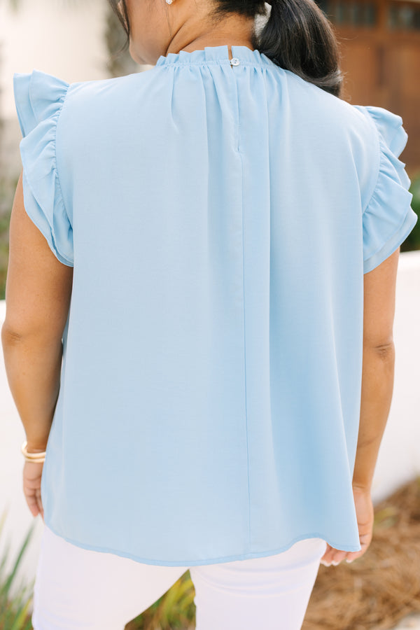 Chic Soul plus size clothing, light blue ruffle sleeve top with high neck ruffle collar