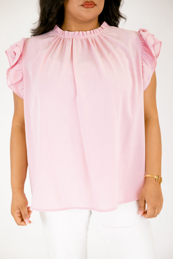 Chic Soul plus size clothing, pink silk top with flutter sleeves and ruffle detailing going around the high neck