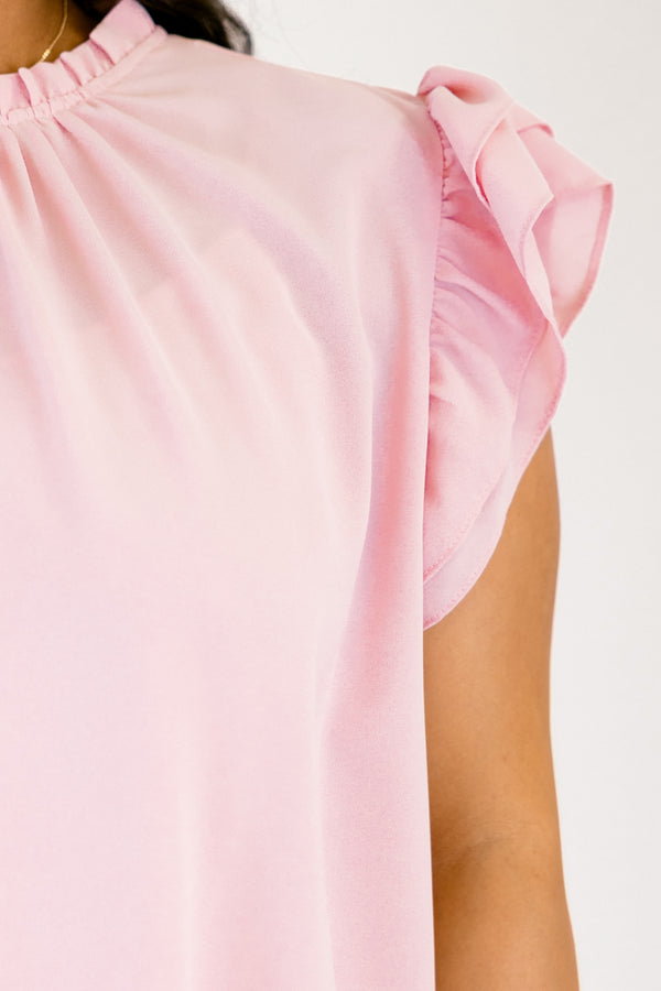 Chic Soul plus size clothing, pink silk top with flutter sleeves and ruffle detailing going around the high neck