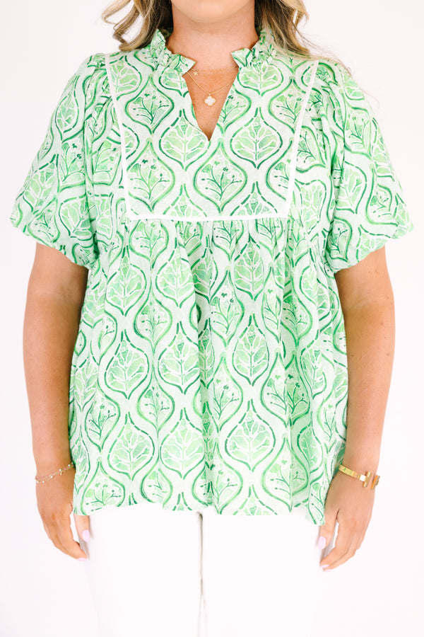 Chic Soul plus size clothing, green floral block pattern puff sleeve baby doll top with v neck cutout