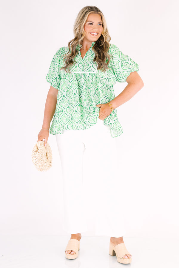 Chic Soul plus size clothing, green floral block pattern puff sleeve baby doll top with v neck cutout
