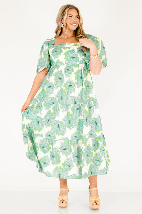 Chic Soul plus size clothing, green tiered maxi dress with short sleeves a square neckline and a green floral pattern throughout 