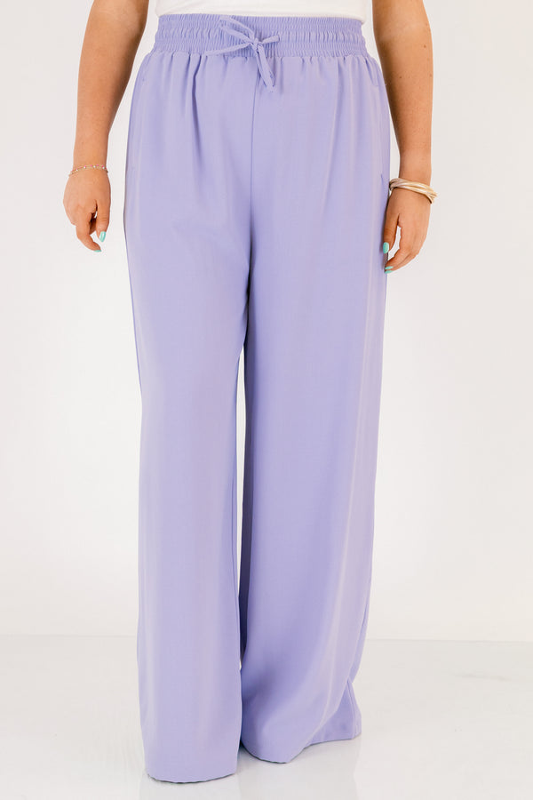 Chic Soul plus size clothing, periwinkle purple long flowy pants with stretchy waistband and drawstring