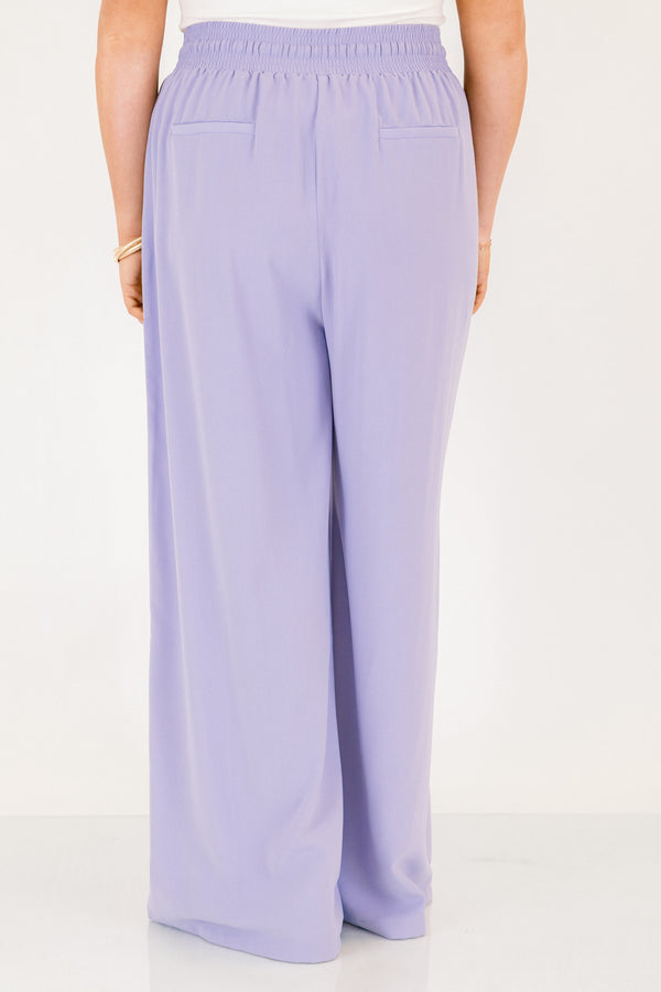 Chic Soul plus size clothing, periwinkle purple long flowy pants with stretchy waistband and drawstring