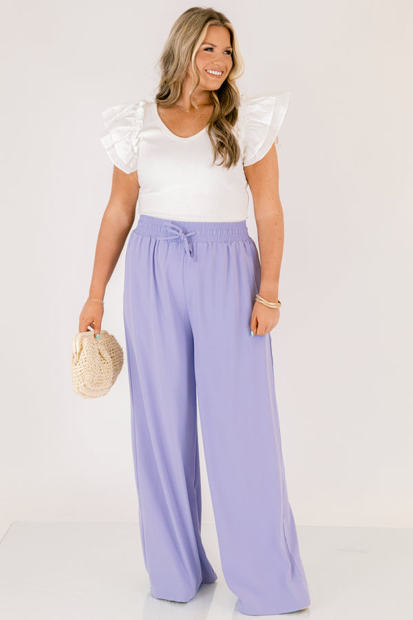 Chic Soul plus size clothing, periwinkle purple long flowy pants with stretchy waistband and drawstring
