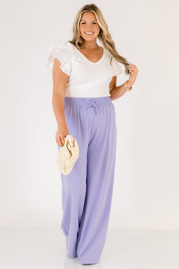 Chic Soul plus size clothing, periwinkle purple long flowy pants with stretchy waistband and drawstring