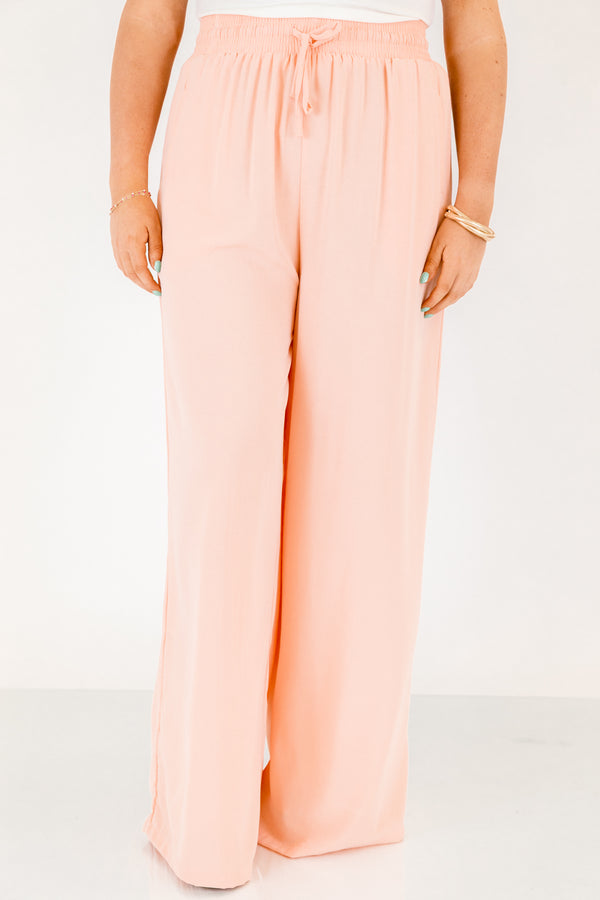 Chic Soul plus size clothing, light peachy pink straight leg flowy linen pants with tie at the waist band