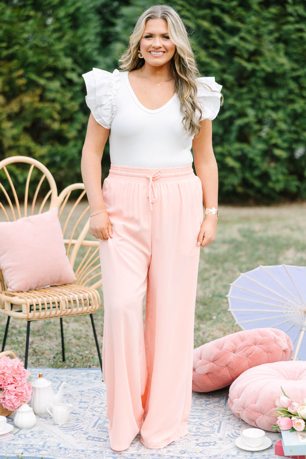 Chic Soul plus size clothing, light peachy pink straight leg flowy linen pants with tie at the waist band