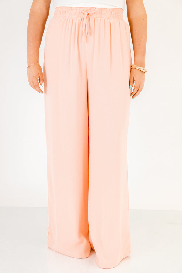 Chic Soul plus size clothing, light peachy pink straight leg flowy linen pants with tie at the waist band
