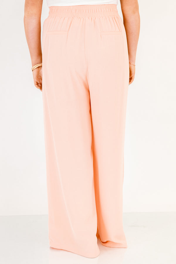 Chic Soul plus size clothing, light peachy pink straight leg flowy linen pants with tie at the waist band
