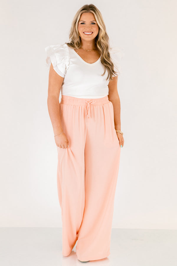 Chic Soul plus size clothing, light peachy pink straight leg flowy linen pants with tie at the waist band