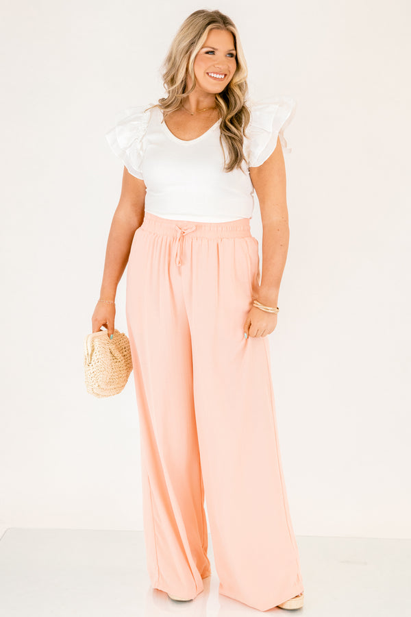 Chic Soul plus size clothing, light peachy pink straight leg flowy linen pants with tie at the waist band