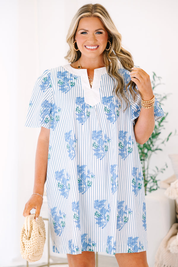 Plus Size blue and white striped shift dress with a floral print, V-neckline, and flutter sleeves.