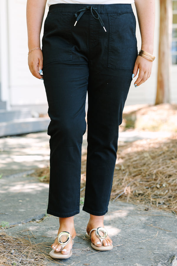 Chic Soul plus size clothing, black pants with deep front pockets and a draw string waistband 