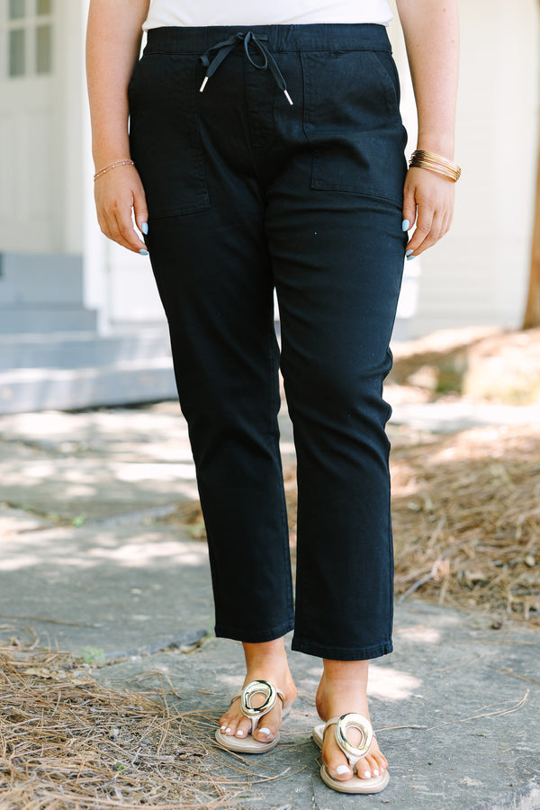Chic Soul plus size clothing, black pants with deep front pockets and a draw string waistband 