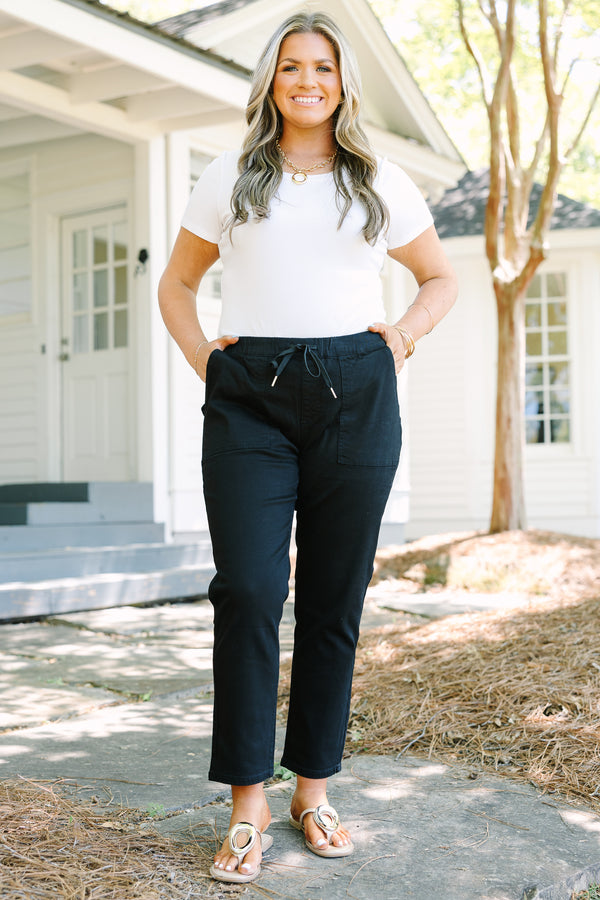 Chic Soul plus size clothing, black pants with deep front pockets and a draw string waistband 