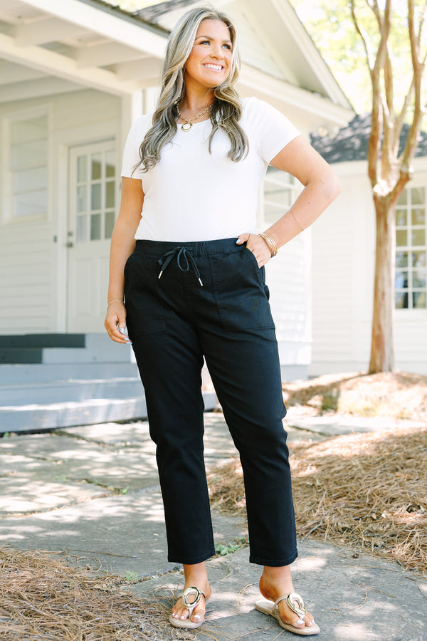 Chic Soul plus size clothing, black pants with deep front pockets and a draw string waistband 