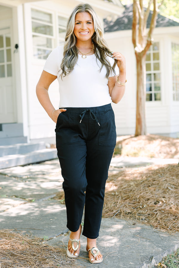Chic Soul plus size clothing, black pants with deep front pockets and a draw string waistband 