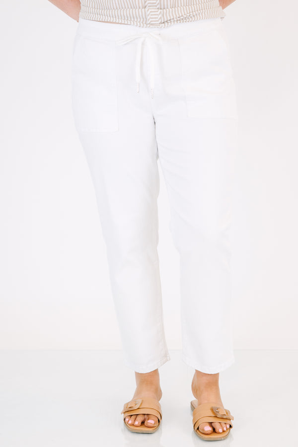 Chic Soul plus size clothing, white straight leg pant with front pockets and a draw string waistband 