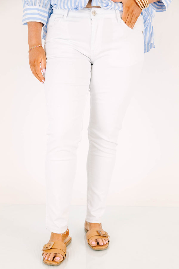 Chic Soul plus size clothing, mid-rise white skinny jeans with frayed hem