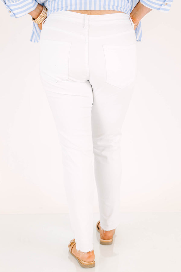 Chic Soul plus size clothing, mid-rise white skinny jeans with frayed hem