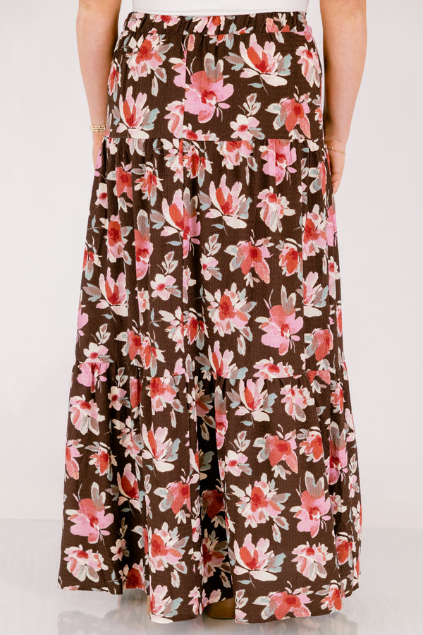 Chic Soul plus size clothing, brown tiered flowy maxi skirt with pink and red floral print