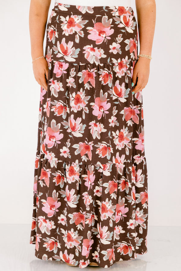 Chic Soul plus size clothing, brown tiered flowy maxi skirt with pink and red floral print