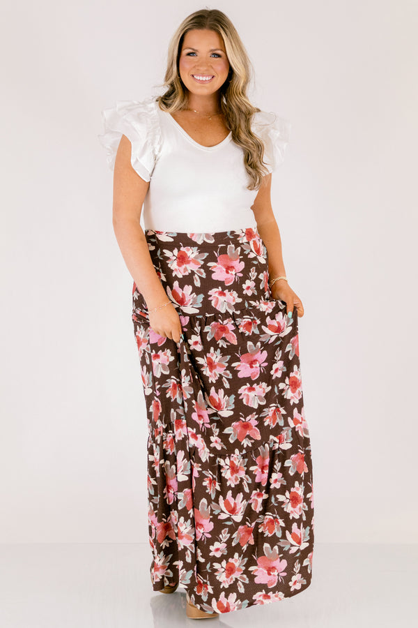 Chic Soul plus size clothing, brown tiered flowy maxi skirt with pink and red floral print