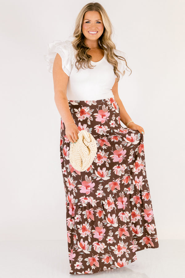 Chic Soul plus size clothing, brown tiered flowy maxi skirt with pink and red floral print