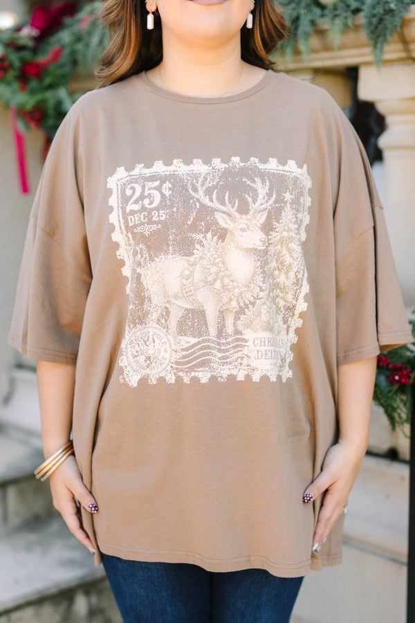 Plus Size espresso brown oversized boyfriend tee with a vintage reindeer postage stamp graphic.