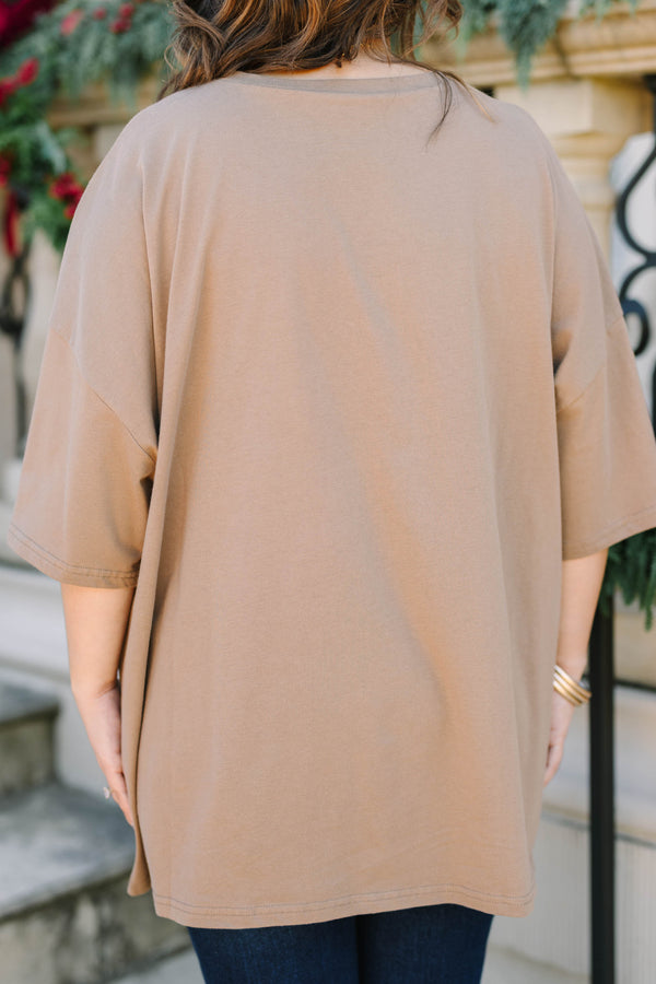 Plus Size espresso brown oversized boyfriend tee with a vintage reindeer postage stamp graphic.