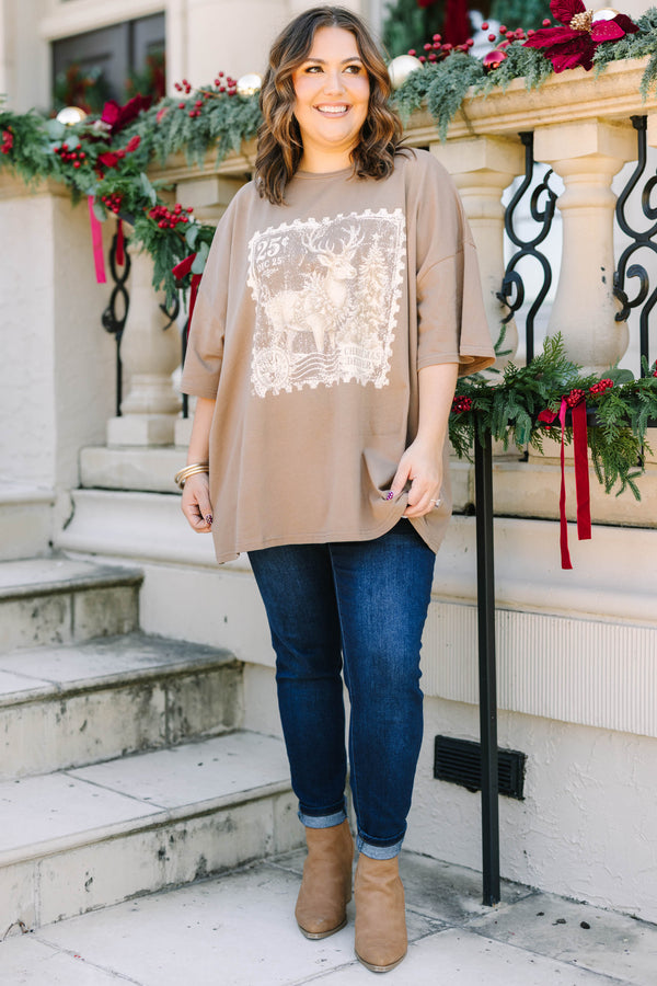 Plus Size espresso brown oversized boyfriend tee with a vintage reindeer postage stamp graphic.