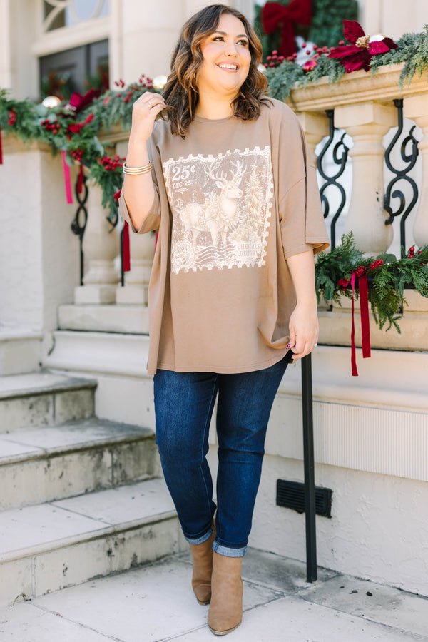 Plus Size espresso brown oversized boyfriend tee with a vintage reindeer postage stamp graphic.