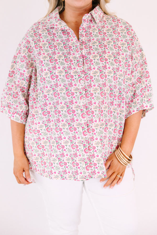 Chic Soul plus size clothing, pink button-up top with short sleeves and a pink floral pattern throughout 