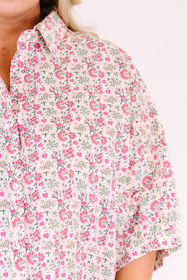 Chic Soul plus size clothing, pink button-up top with short sleeves and a pink floral pattern throughout 