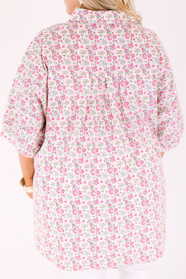Chic Soul plus size clothing, pink button-up top with short sleeves and a pink floral pattern throughout 