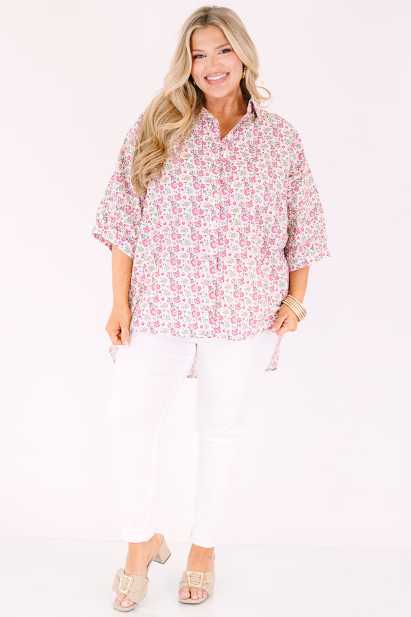 Chic Soul plus size clothing, pink button-up top with short sleeves and a pink floral pattern throughout 