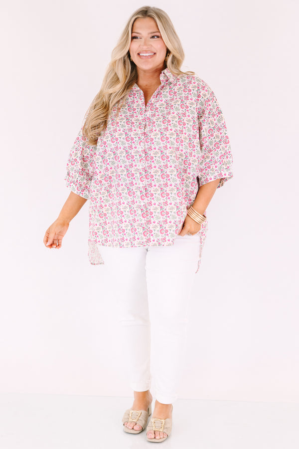Chic Soul plus size clothing, pink button-up top with short sleeves and a pink floral pattern throughout 
