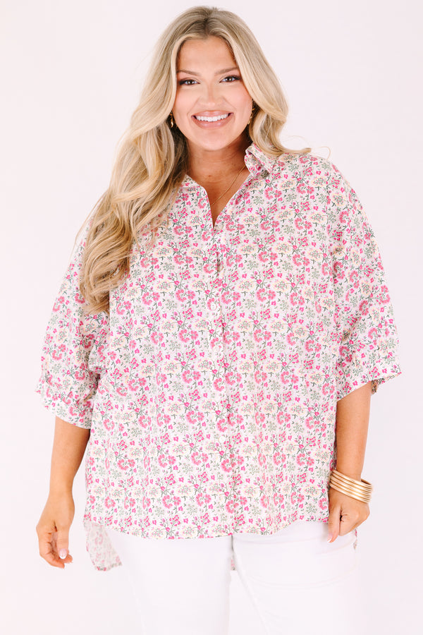 Chic Soul plus size clothing, pink button-up top with short sleeves and a pink floral pattern throughout 